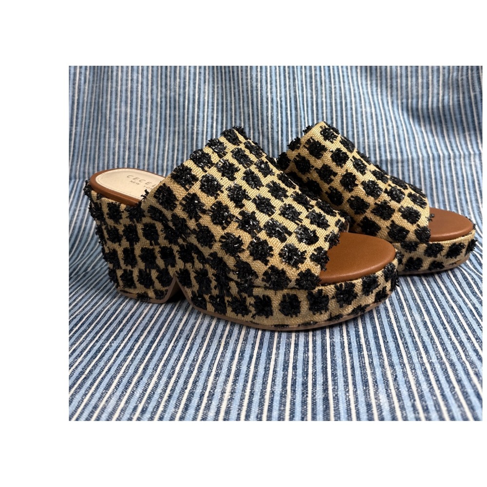 Cecelia New York Platform Wedge Sandals Mules Beige Black Woven Women Size 9.5 M